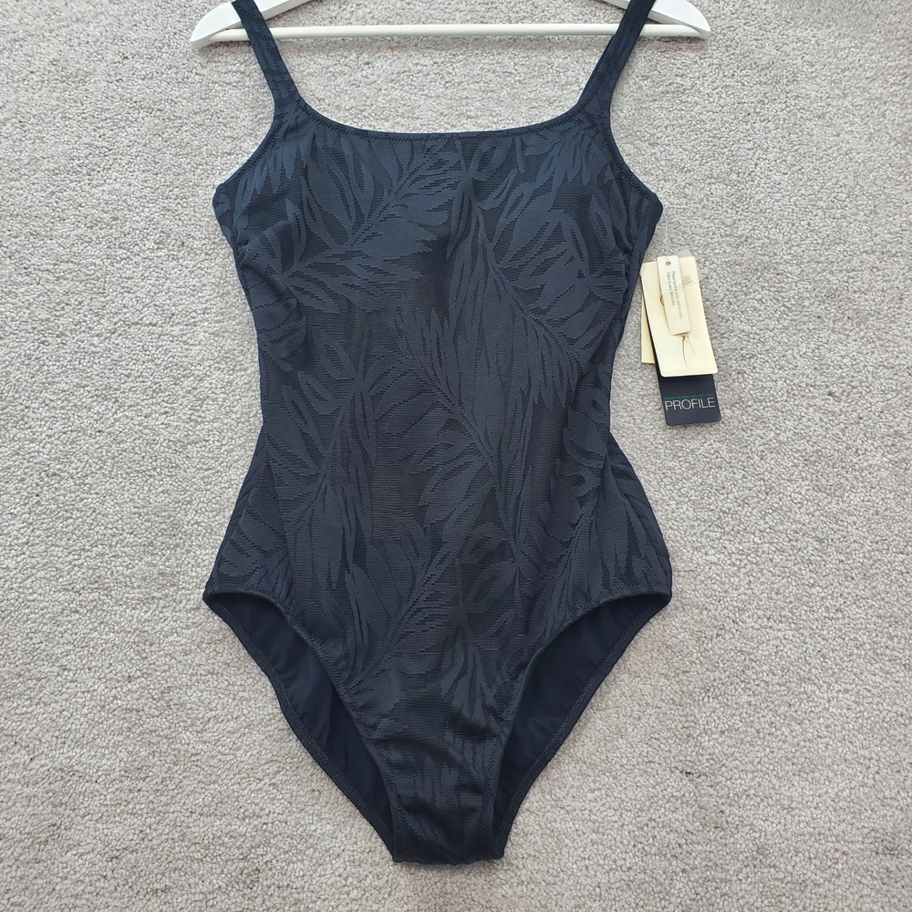 Profile by Gottex One Piece Swimsuit Womens 8 Black NEW Palm Leaf Jacquard beach